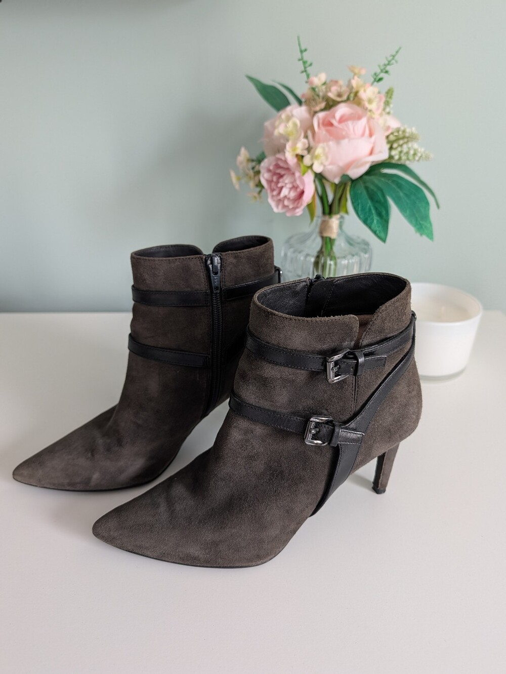 Michael Kors Grey Suede Leather Buckle Ankle Booties Heels Size 8M